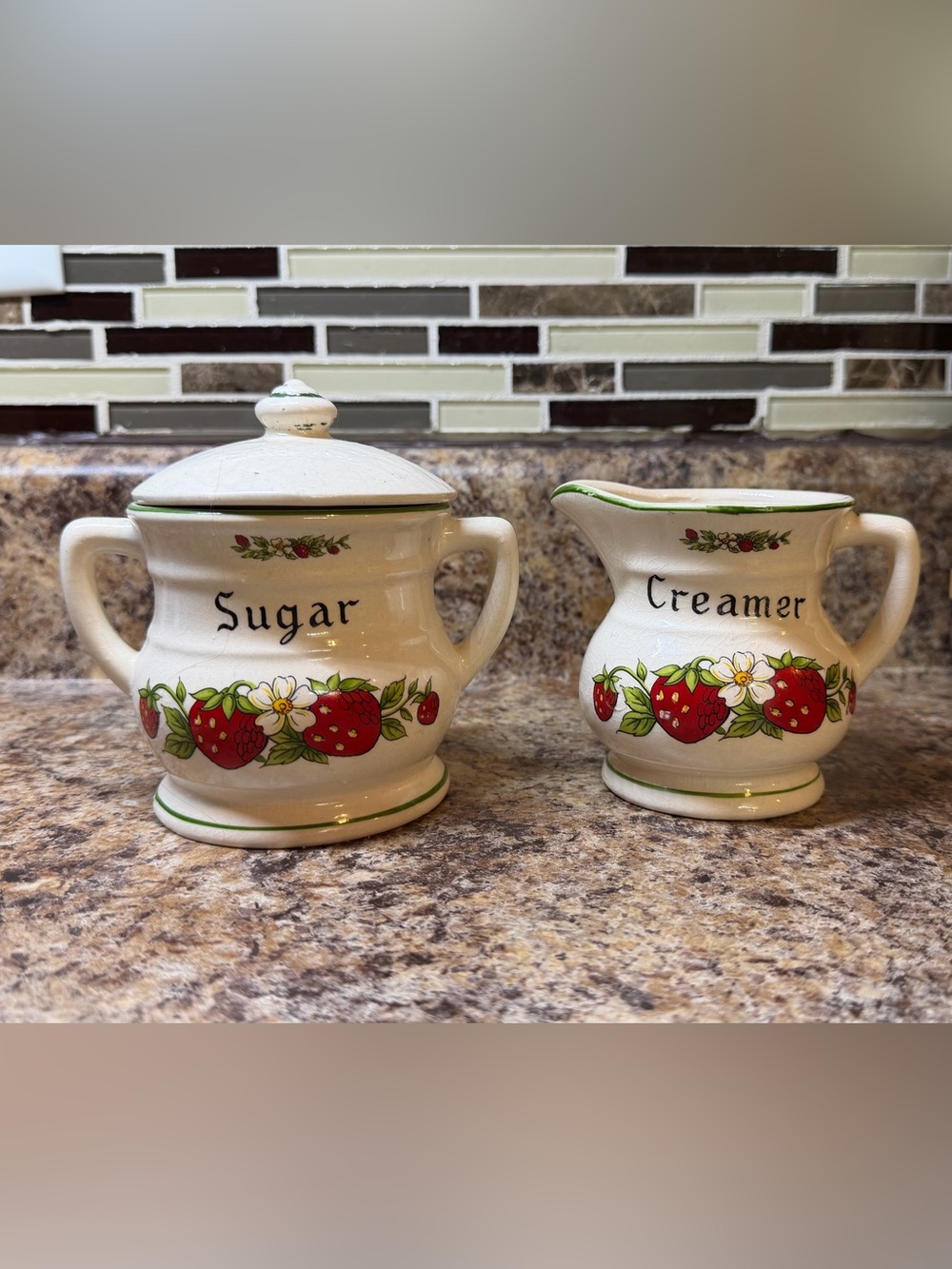 Vintage Strawberry D Handle Lidded Sugar and Creamer Set